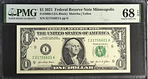2021 $1 Federal Reserve Note Fr-3008-I Minneapolis PMG68 Superb Gem EPQ - Picture 1 of 2