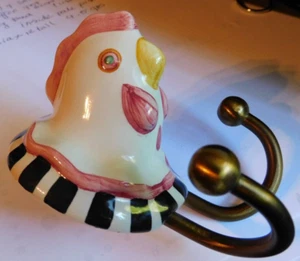 MACKENZIE-CHILDS CERAMIC CHICKEN/HEN, DOUBLE WALL HOOK,NEW WITH HARDWARE - Picture 1 of 3