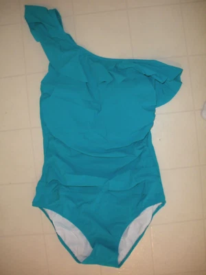 Profile Gottex Turquoise Tutti Frutti 1 Pc 1 Shoulder Ruffle Swimsuit Sz 14 NWT - Image 1 of 2