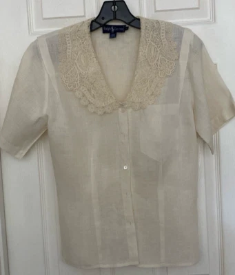 Ralph Lauren VTG Short Sleeve Button Up Ivory Linen Shirt Lace Collar Size 10 - Image 1 of 4