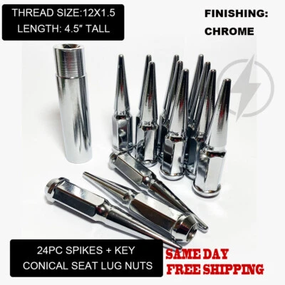 FIT BUICK RAINER 2004-07 SPIKE LUG NUT CONICAL SEAT 4.5'' 12x1.5 CHROME 24PC+KEY - Image 1 of 4