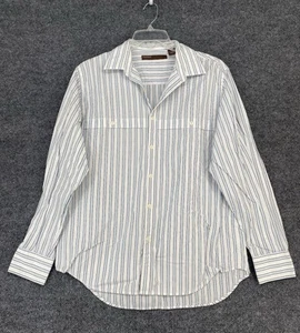 Perry Ellis Men’s Large Button Down Collared Dress Shirt White Striped Acedamia - Picture 1 of 10