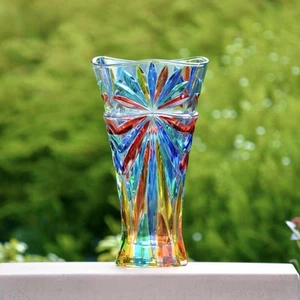 Italian Crystal Flower Vase - Large 12" x 8" Colorful Starburst Design, Blown... - Picture 1 of 8