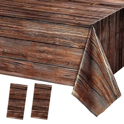 2 Pack Wood Grain Tablecloths Disposable Plastic Table Covers for Party - Image 1 of 4
