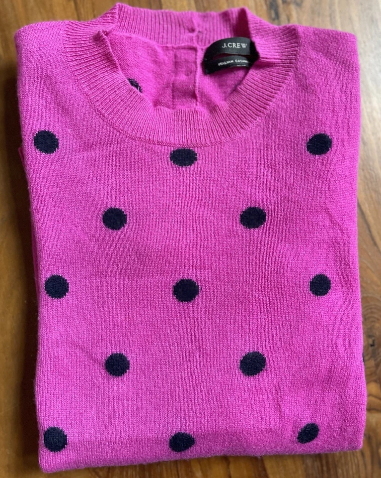 J Crew Pink Polka Dot 100% Italian Cashmere Sweater XXS 2XS crew neck free ship - Image 1 of 4
