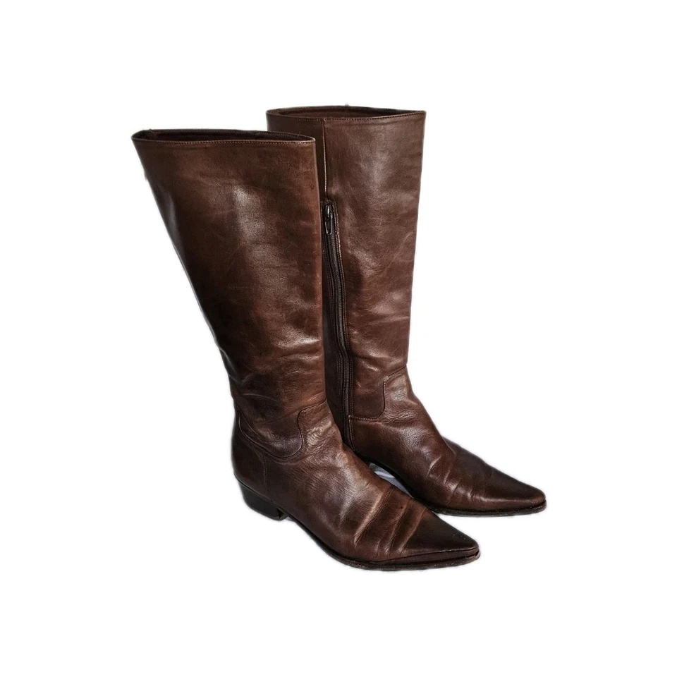 Buffalo London колена коричневый кожаный ботинки винтажный классический молнии низкий каблук размер 38 - Изображение 1 из 4