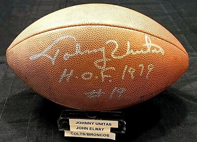 Johnny Unitas/John Elway Signed Authentic NFL Football Colts/Broncos HOF QBs JSA - Image 1 of 4