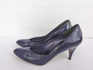 Vintage 80s violet dark Purple Leather Pump mid Heel Women's 6 Spain narrow - Picture 1 of 7