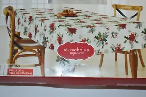 NEW NIP Christmas Holiday Tablecloth Poinsettia Holly Oblong 60x120" Washable - Picture 1 of 4