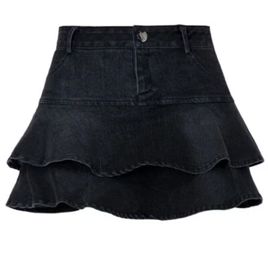 Damen Slim Hohe Taille Mini Jeansrock Plissiert Rüschen Kurz A-Linie Casual Rock - Bild 1 von 14