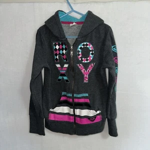 Roxy Sweatshirt Youth/Girls Small Blue Pink Gray Hoodie Full Zip Fleece Logo - Picture 1 of 8