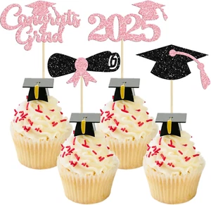 24Pcs 2025 Graduation Theme Cupcake Toppers Glitter Class of 2025 Diploma Gradua - Picture 1 of 12