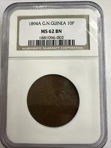 German New Guinea 1894 A 10 Pfennig NGC 62 BN Rare Nice Coin - Picture 1 of 4