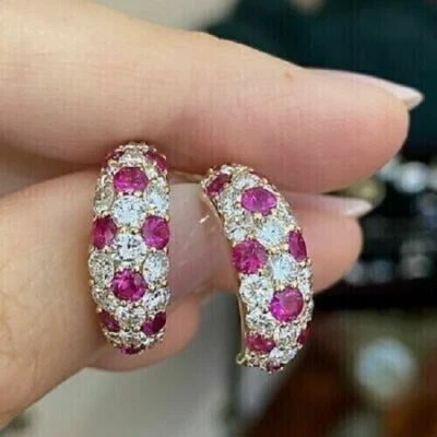 Created Red Ruby 2Ct Round Cut Pretty Half Hoop Earrings 14K Yellow Gold Plated - Image 1 of 4