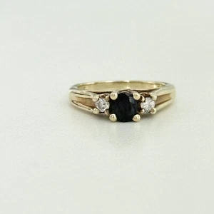 10K Yellow Gold Sapphire & Diamond Three Stone Ladies Band Ring Size 4.75 - Picture 1 of 11
