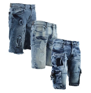 Men's Skinny Slim Fit Distressed Fringe Jean Stretch Faded Wash Denim Shorts - Picture 1 of 28