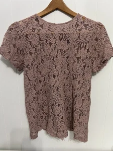 Chelsea28 Bluse Damen Gr. L rosa Puffärmel Schlüsselloch hinten Spitze transparent - Bild 1 von 3