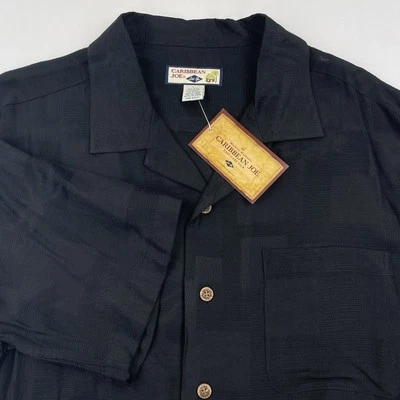 Caribbean Joe Silk Blend Shirt Mens L Black Hawaiian Tropical Geometric Palm NEW - Image 1 of 4