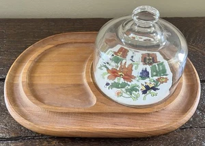 Dolphin Teakwood Serving Cheese Tray Board Dome Lid Floral Inlay Plate 17" + - Picture 1 of 5