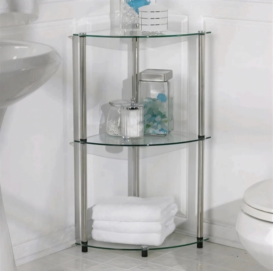 MENSOLA SCAFFALE ANGOLIERA  MULTIUSO A 3 RIPIANI AD ANGOLO IN VETRO 30X30X75 CM. - Immagine 1 di 4