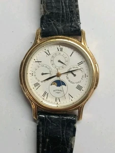 Mens Vintage Rotary Moon Phase Watch Working Battery In Very Worn Strap Used - Picture 1 of 8