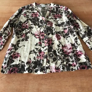 Hot Cotton 100% Linen Top Women M Black Floral Button Up 3/4 Sleeve V Neck - Picture 1 of 11