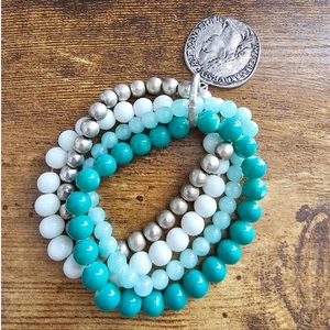 Vintage Y2K Stacked Beaded Bracelet Teal Blue Tones w/ Silver Pendant - Picture 1 of 4