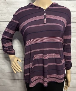 Market & Spruce Hooded Shirt XS Plum Purple Striped Henley Buttons Modal Blend - Picture 1 of 13