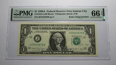$1 1988A Radar Serial Number Federal Reserve Currency Bank Note Bill PMG UNC66 - Image 1 of 3