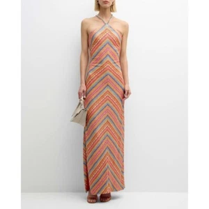 Liv Foster Dress 6 Maxi Chain-Strap Metallic Fleck Halter Chevron Stretch Party - Picture 1 of 13