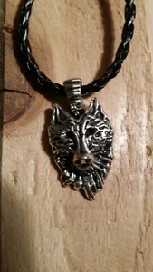 Wolf head Pendant Necklace on 15" adjustable braided leather cord - Picture 1 of 1