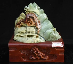10.4" Old Chinese Naturally Xiu Jade Craving Landscape Pavilion Tree Sculpture - Picture 1 of 16