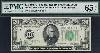 NEW BACK.  $20 1934C St. Louis FRN. Fr. 2057-Hnb. PMG 65 EPQ.  - Image 1 of 3