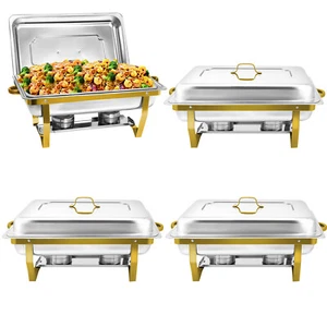 Gold Chafing Dish Stainless Steel Food Warmer w/ 9QT Full Size Pan, 2/4/6/8 Pcs - Picture 1 of 29