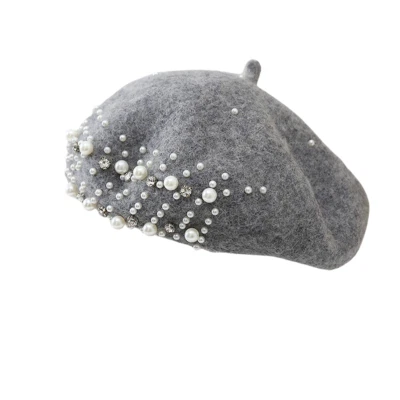 Women Chic Fancy Pearl Rhinestone Wool Beret Cap French Girls Warm Beanies Hat - Image 1 of 4