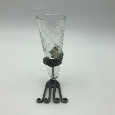Silverplate Fork? Stand Bud Vase Diamond Pattern Tapered Glass Vintage Unusual - Image 1 of 4