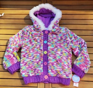 Girls Wonder Kids SZ 4T Chunky Knit Colorful Sweater Button Down Faux Fur Hood - Picture 1 of 6