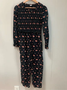 J. Crew Crewcuts Floral Smocked Jumpsuit Black Pink Ruffled Cotton Size 14 - Picture 1 of 7