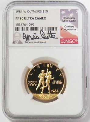 1984 W GOLD USA CASTLE SIGNED $10 SUMMER OLYMPICS NGC PF 70 UC - Image 1 of 2