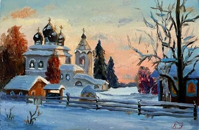 Pintura al óleo original.Paisaje de invierno con una iglesia en el pueblo.Arte al atardecer Foto 1 de 4