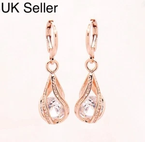 Rose Gold Plated Crystal Twisted Peardrop Dangle Drop Earrings Womens UK Stock - Picture 1 of 6