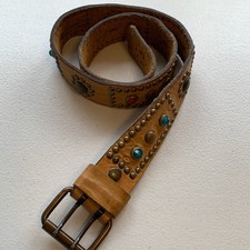 Vintage Boho Tan Leather Belt Studded Jeweled M/L 37” Long