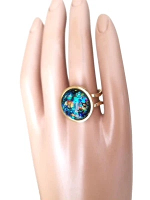 Anillo de ópalo oro azteca resina ópalo 16 mm en una banda de acero inoxidable GP de 18 quilates Foto 1 de 4