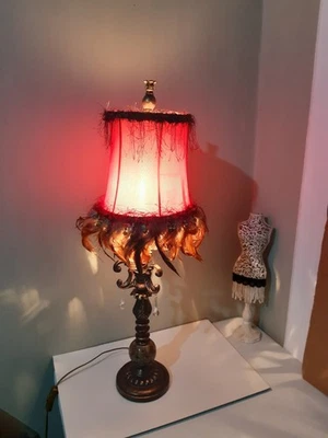Country House Vintage Lamp Berman with  burgundy shade with feathers trim - Image 1 of 4