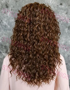 Brown/Blonde/Auburn Medium Spiral Curly Heat OK Human Hair Blend 3/4 Wig EVBW - Picture 1 of 7