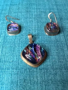 Dichroic Glass Pendant and Dangle Earrings Set in Sterling 925 Silver - Picture 1 of 13