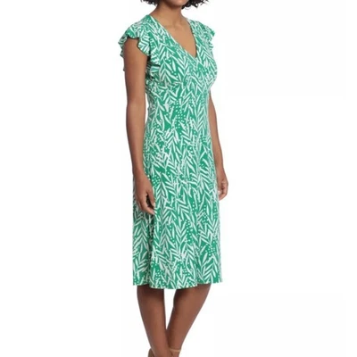 Vestido midi London Times verde blanco floral hoja cuello en V manga volantes 16W Plus Foto 1 de 4