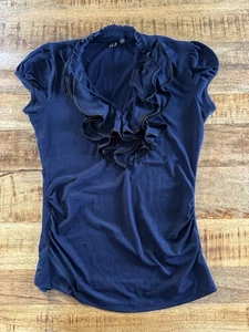 HeartSoul Damen Kurzarm Rüschen vorne T-Shirt Oberteil dunkelblau Größe Medium M - Bild 1 von 3