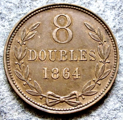 GUERNSEY 1864 8 DOUBLES, Shield of Arms BRONZE High Grade yes we combine postage - Image 1 of 4