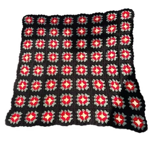 Vintage 70s Boho Granny Square Throw 44" x 46" Crochet Afghan Lap Blanket Small - Picture 1 of 9